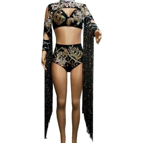 Bright Black Tassel Rhinestones Bodysuit Sexy Luxury Leotard Performance Outfit Women Party Jumpsuit Singer Dance Stage Clothing