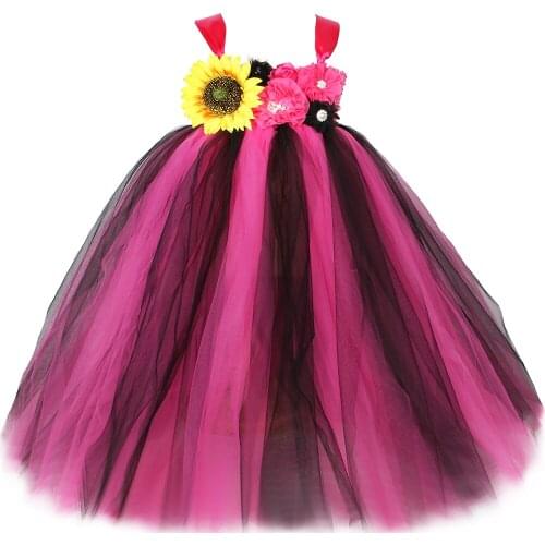 Hot Pink & Black Flower Girl Tutu Dress for Kids Hoilday Party Costumes Girls Tulle Princess Dress Ball Gown Children Clothing