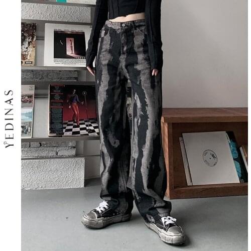 Yedinas Tie Dye Denim Pants Women Wide Leg Jeans High Waist Black Jeans Gothic Trousers Jean Boyfriend Femme 90s Streetwear 2021