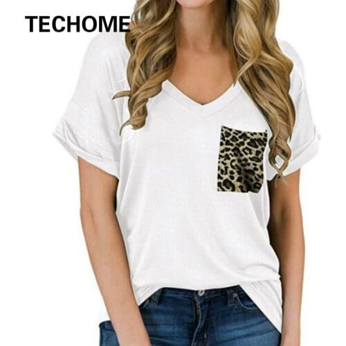 Womens Summer Short Sleeves V Neck T Shirt Leopard Pocket Casual Basic Tops Tshirts Multi Colors Women White Black T Shirt
