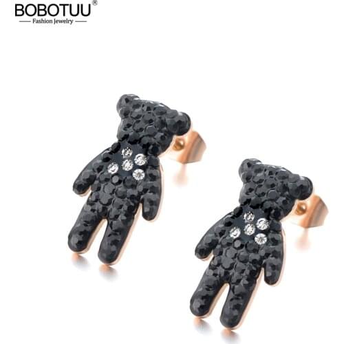 BOBOTUU Classic Titanium Steel Black Crystal Bear Earrings Rose Gold Color Rhinestone Stud Earrings For Women Brincos BE18007