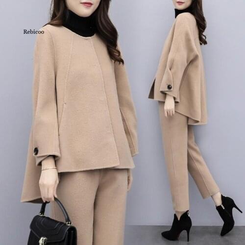 Winter Woolen Two Piece Set Women Long Sleeve Tops Trousers Sets Suits Office 2 Piece Set Womens Sets New