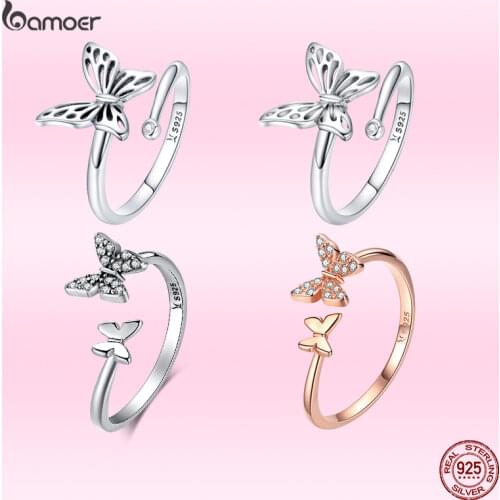 Bamoer 925 Sterling Silver Rings for Women Silver Lively Butterfly Finger Ring Adjustable Open Ring Female Fine Jewelry Bijoux