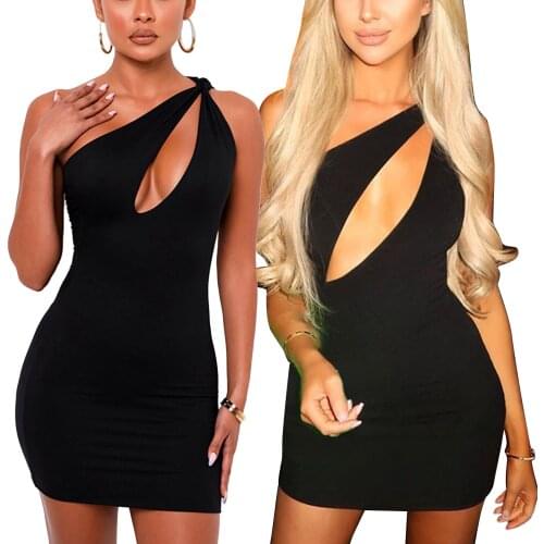 Womens Fashion Solid Color Short Dress Sexy One-shoulder Irregular Hollow Skinny Dress