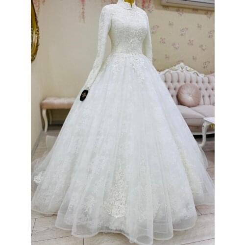 Lace Long Sleeve Muslim Wedding Dresses for Bride High Neck Appliques Moroccan Caftan Wedding Bridal Gown vestidos de novia