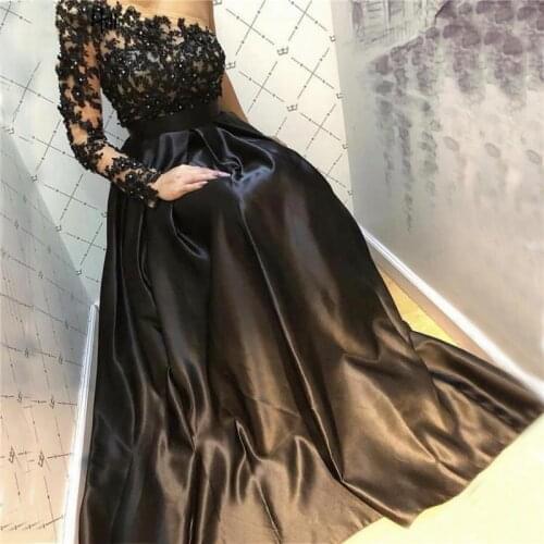 One Shoulder Black Long Evening Dress Party Elegant Robe De Soiree Long Sleeve Vintage Prom Gown