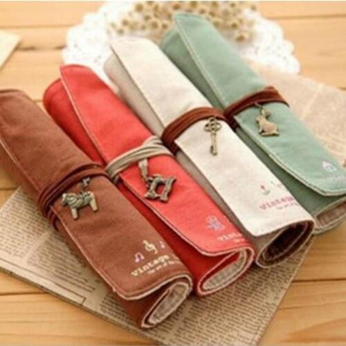1PC Cute Vintage Canvas Bag Wrap Roll Up Stationery Pen Bag Gift Pendant Pencil Case Pouch School Supplies