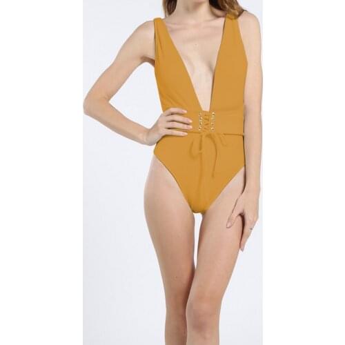 2019 Bikini Women One-Piece Swimsuit Corset Deep V Bandage Swimwear Solid Color Push Up Monokini Bikini Bathing 3 Colors