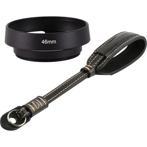 2 Pcs Camera Accessories: 1 Pcs Black 46mm Metal Lens Hood & 1 Pcs Camera Strap Pu Leather Camera Wrist Hand Strap Grip