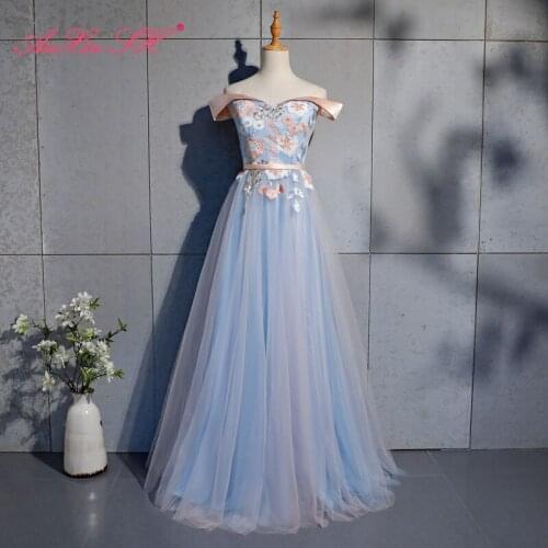 AXJFU flower princess blue lace evening dress luxury vintage beading pink flower boat neck beach blue long evening dress