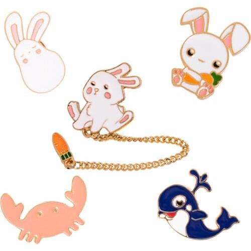 Rabbit Brooch Bunny And Carrot Enamel Pins Women Cute Rabbit Chain Brooches Cartoon Animals Badge Denim Jackets Collar Lapel Pin
