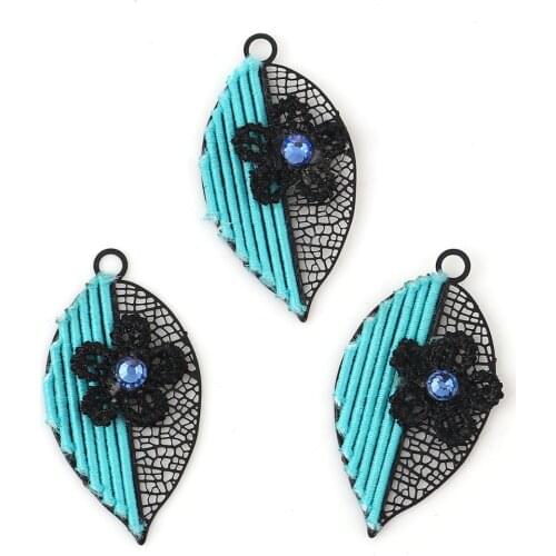 DoreenBeads Copper Pendants Leaf Black Multicolor Flower Hollow Blue Rhinestone 37mm(1 4/8") x 19mm( 6/8"), 2 Pairs (4 pcs)