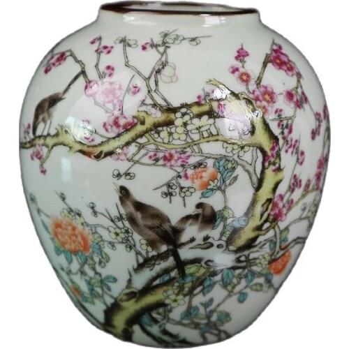 China Old Porcelain Pink Flower And Bird Pattern Jar
