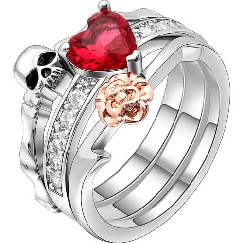 Gothic Skull Finger Silver color wedding 3 rings set For Women Girl Red Heart Crystal CZ Rose Flower Fashion Jewelry Gift ring