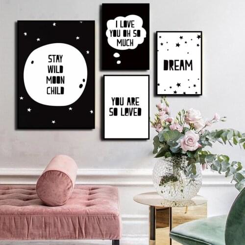 Kawaii Black White Cactus Cartoon Wall Art Canvas Posters Nursery Love Quote Print Nordic Painting Picture Children Room Decor