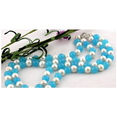 Beautiful 2ROW 10MM WHITE ROUND FRESHWATER PEARL BLUE NECKLACE