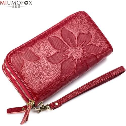 RFID Theft Genuine Leather Women Long Purse Flower Embossing Female Zipper Wallet Money Clips Woman Cards carteira feminina W183