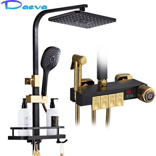 Matte Black Shower System Copper Tap Thermostatic Digital Display Bathroom Wall Mount Rain Shower Hot Cold Water Mixer Faucet