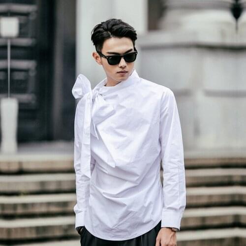 2018 men Male fashion style big bow tie royal elegant casual pullover slim shirt medium-long long-sleeve shirt Singer costumes