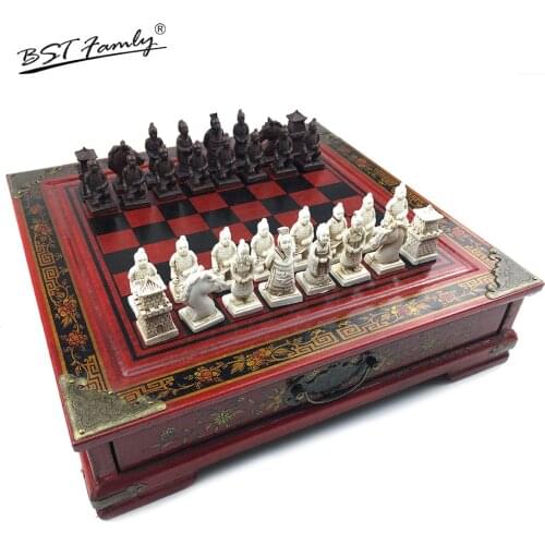 Wooden Chess Set Terra Cotta Warriors or Manchu troops International Chess Game Resin Chess Pieces Wooden Cassette Chessboard 57