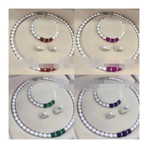 7-8mm Rice White Pearl &Gemstone Beads Pendants Necklace Bracelet Earrings Set