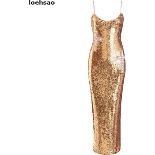 New hot sexy celebrity evening party dresses gold spaghetti strap womens long bodycon dress club sequined maxi dresses vestidos