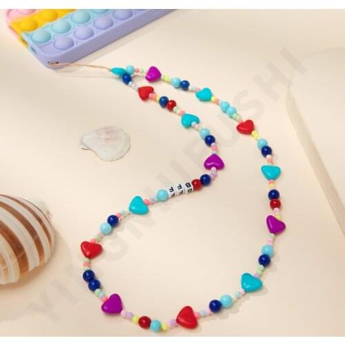 New Colorful Acrylic Bead Heart Mobile Phone Chain Cellphone Charm Phone Strap Anti-lost Lanyard For Women Summer Accessories