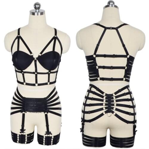 Fetish Women Body Cage Harness Sexy Lingerie Elastic Stockings Suspender Belt Gothic Cupless Harness Bodysuit N0069
