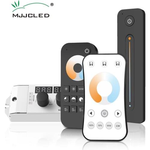 MJJC WW CW LED Controller 12v 24v DC 16A 2.4G RF Wireless Dimmable Knob Remote Control Driver for Dual White LED Strip CCT Light