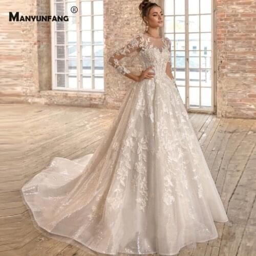 Luxury O-Neck Full Sleeve Pearls Embroidery Appliques Tulle Bridal Ball Gown Custom Made Lace Up Back Chapel Train Wedding Dress