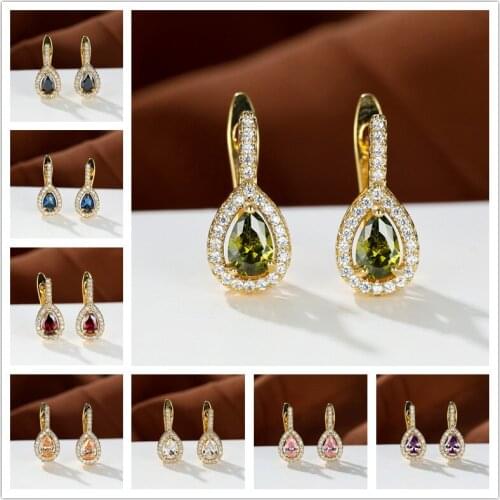 Luxury Classic Water Drop Gold Earrings for Women Olive Green Crystal Zircon Stud Earrings Gemstone Ear Buckle OL Jewelry Gift