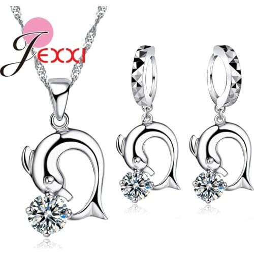 925 Sterling Silver Wholesale Beautfiful Dolphins Ball Crystal CZ Shiny Womens Jewelry Sets Necklace Dangle Earrings Set
