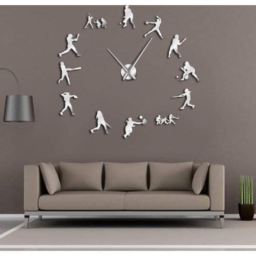 Softball Female Players DIY Mute Wall Clock Mirror Effect Home Decor Women Sports Gift Big Metal Needles Giant Clock Watch
