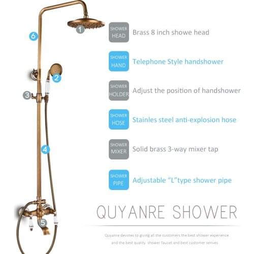 Vidric Vidric Antique Brass Shower Faucets Set Ceramic Porcelain Shower Swivel Spout Wall Mount Dual Knobs Mixer Tap Bath Shower