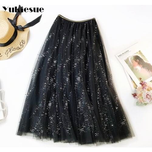 High waist Womens skirt skirts woman fashion 2019 womens jupe femme long maxi tulle skirt Sequin bling skirts black pink