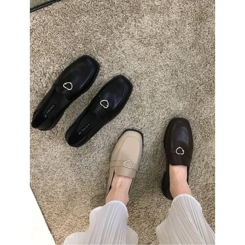 Womens shoes leather shoes retro 2020 spring new metal buckle square head casual shoes fashion loafers