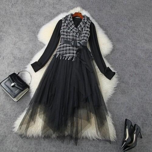 Womens European and American wear 2021 winter new style Long-sleeved sweater Tweed patchwork gauze dress Fashion two-piece