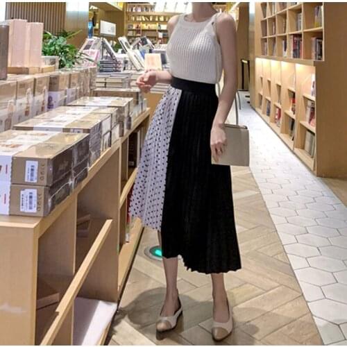 Fashion Spliced Polka Dot Skirt Women Harajuku Irregular Plus Size Faldas Largas Mujer Pleated Skirt White Black Jupe Femme F14