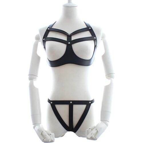 Women Faux Leather Body Harness Cupless Bra Top and Thong 2pcs Bikini Underwear Bodysuit Fetish Bondage Sex Products