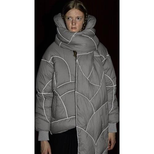 Original Design Winter Women Puffer Coat Causal Loose Oversized Thicken Warm Reflective Texture Short White Duck Down Jacket