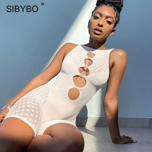 Sibybo Sleeveless Zipper Sexy Playsuit Women Mesh Patchwork Hollow Out Bodycon Rompers Summer Outfits Casual One Piece Jumpsuits