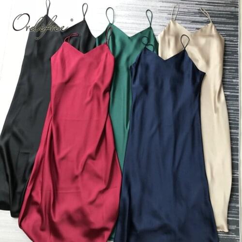Ordifree 2020 Summer Women Satin Party Dress Vintage Sexy Spaghetti Strap Maxi Dress Silk Long Slip Dress
