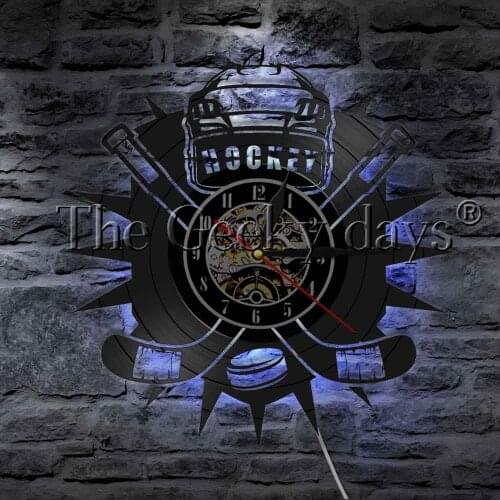 Hockey Players Sign Hockey Sticks And Puck LED Hanging Light Vinyl Record Wall Clock LED Night Light For Hockey Fans Gift