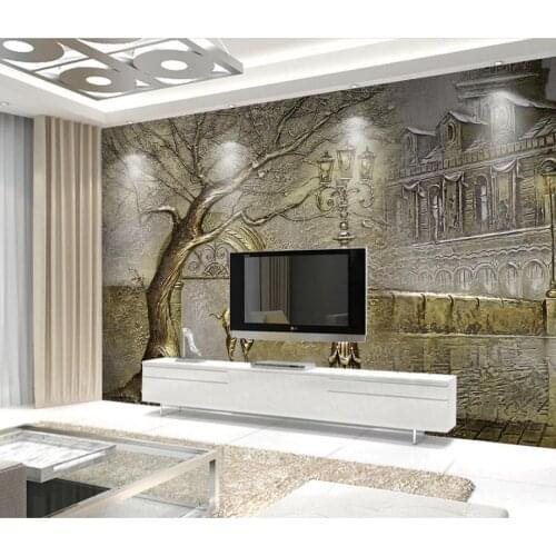 Customize wall paper mural 3d European 3D embossed golden tree street background wall home decor wallpaper