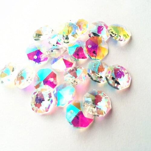 Free Shipping 100pcs Rainbow 14mm Crystal Glass Octagon Chandelier Part Beads in 1 Holes For Diy Garland Strands Home Decoration