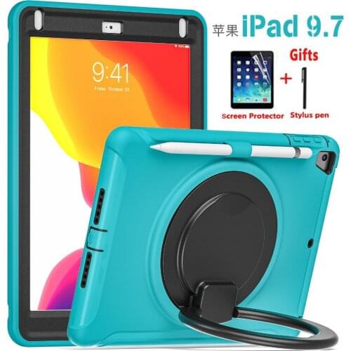 Ring Rotation Kickstand for IPad 9.7 inch 2017 2018 Tablet Case Kids Portable 3 Layer Protective Cover With Pen Slot +Film+Pen