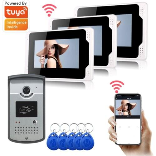 Tuya APP 7 inch 3 Monitors Wired Wifi Video Door Phone Doorbell Intercom System with 1080P Wired Camera Night Vision