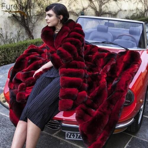 FUREALUX New Natural Real Rex Rabbit Fur Coat Lapel Lengthened Elegant Womens Long Fur Thickened Warm Winter Fashion Clothing