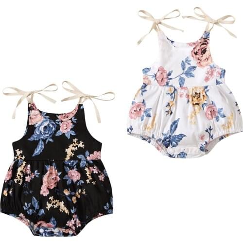 2021 New Summer 0-24M Toddler Baby Girl Black/White Floral Print Bows Bodysuit Spaghetti Straps Infant Jumpsuit Sleeveless