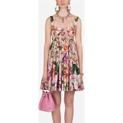 Sweet Pleated Runway Dress Women Petal Buttons Holidays Backless Elegant Pink Floral Print Spaghetti Strap Sundress Summer Dress